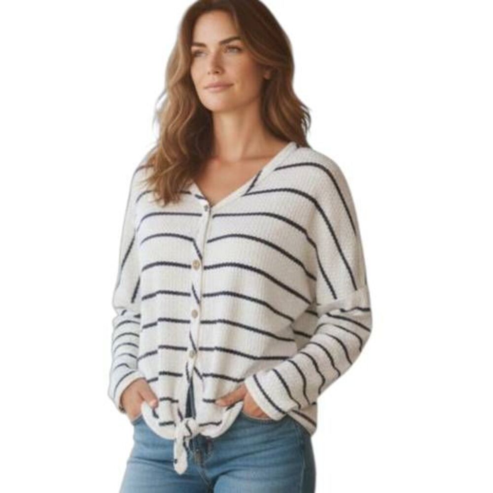 PAPER CRANE WHITE & NAVY STRIPE WAFFLE KNIT BUTTON DOWN SHIRT SZ.M EUC